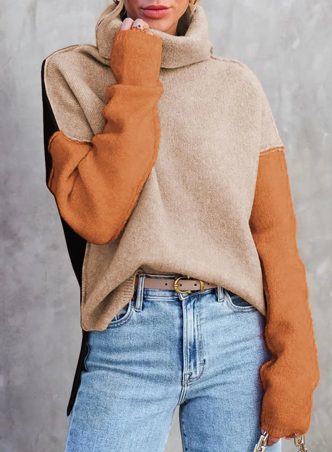 Dokotoo Womens Turtleneck Sweaters Casual Long Sleeve Color Block Side Slit Pullover Knit Jumper Tops