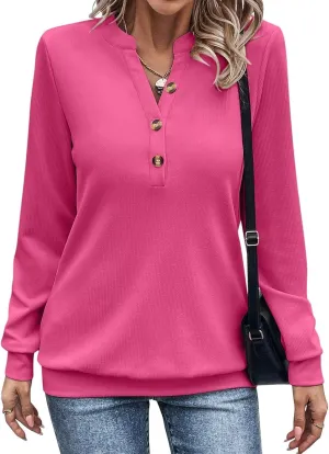 EADINVE Womens V Neck Long Sleeve Sweatshirts Half Button Lightweight Pullover Fashion Fall Clothes