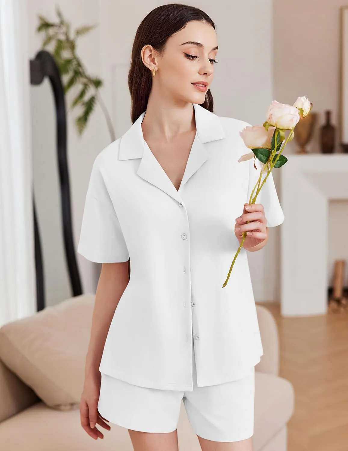Ekouaer Womens Pajama Sets 2 Piece Cotton Pjs Button Down Sleepwear Short Sleeve Lounge Set with Pockets
