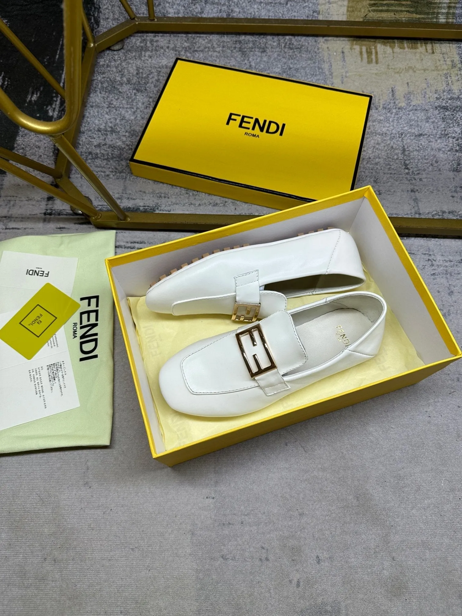 FENDI LOAFERS IN WHITE LAMBSKIN GOLD BUCKLE