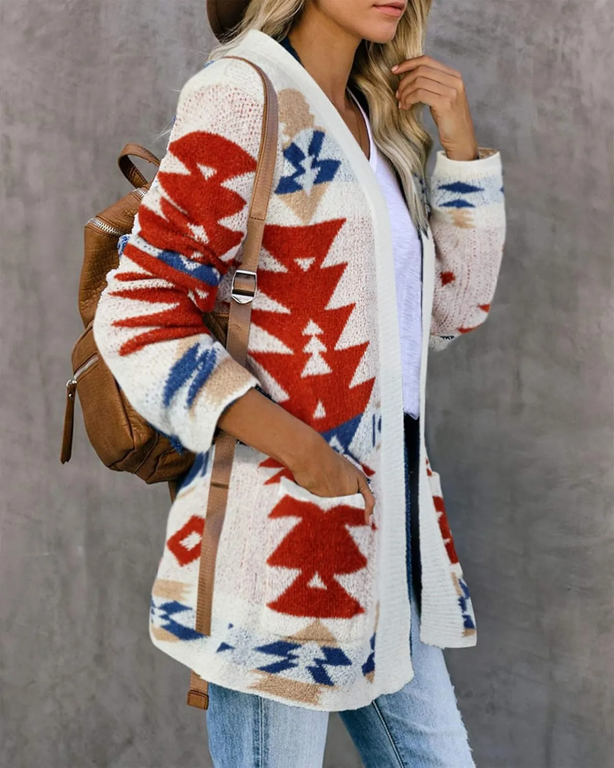 FERBIA Women Boho Cardigan Aztec Open Front Loose Slouchy Sweaters Tribal Long Sleeve Knitted Christmas Jacket Coat