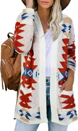 FERBIA Women Boho Cardigan Aztec Open Front Loose Slouchy Sweaters Tribal Long Sleeve Knitted Christmas Jacket Coat