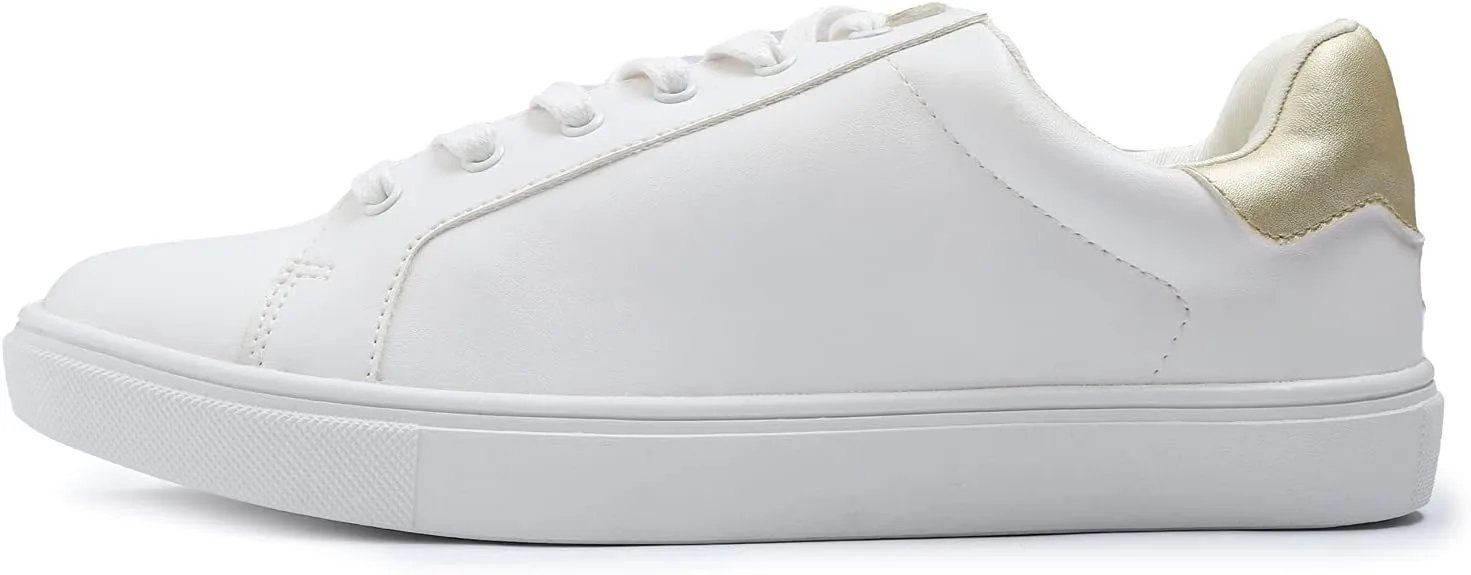 FEVERSOLE Women's Featured PU Leather Colorful Lace Up Sneaker White Gold Patch Size 7.5 M US