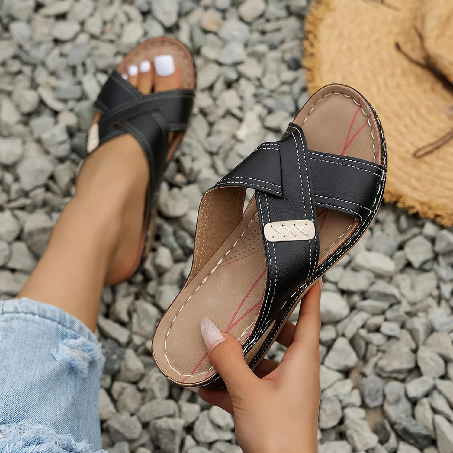 Flats Sandals for Women Orthopedic Bohemian Open Toe Fashion Adjustable 2025 Summer Walking Casual Sandals