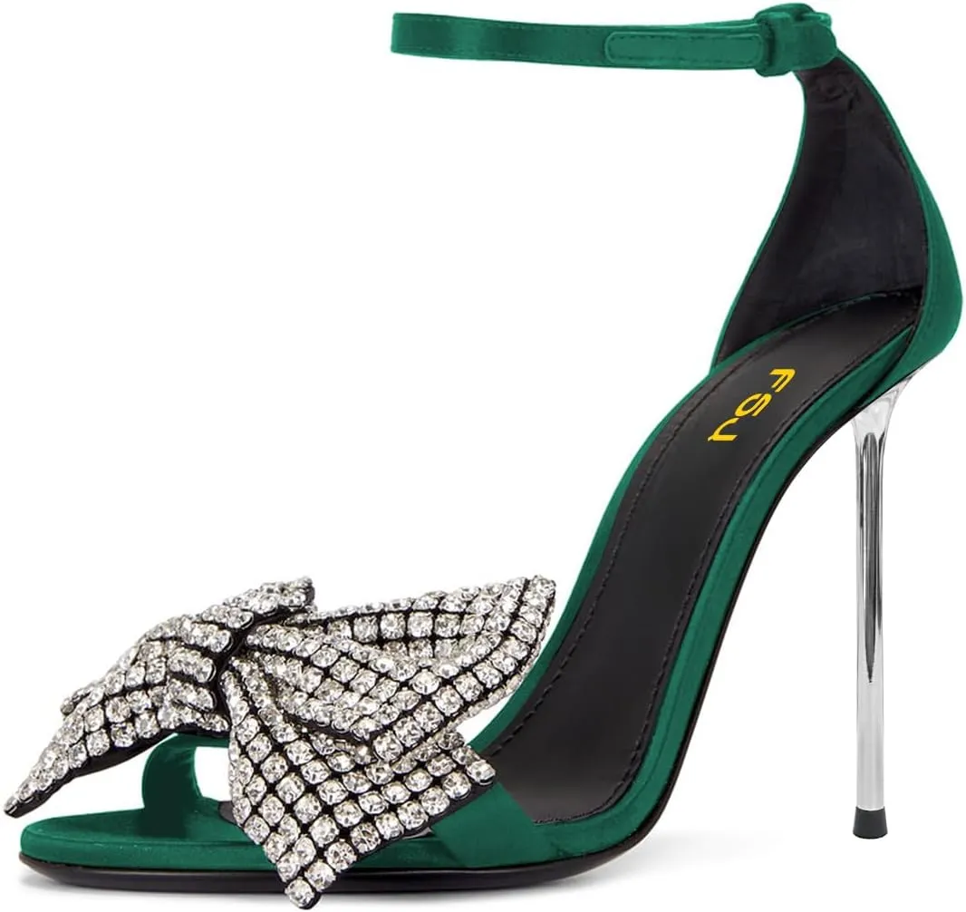 FSJ Women Crystal Bow Sandals Open Toe Stiletto Satin Slim Adjustable Ankle Strap High Heel Evening Casual Luxury Shoes Size 4-16 US