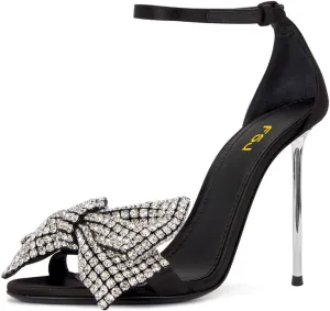 FSJ Women Crystal Bow Sandals Open Toe Stiletto Satin Slim Adjustable Ankle Strap High Heel Evening Casual Luxury Shoes Size 4-16 US