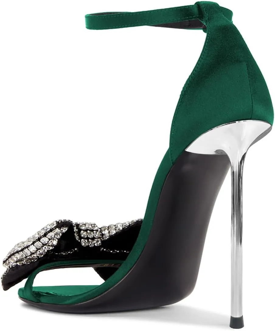 FSJ Women Crystal Bow Sandals Open Toe Stiletto Satin Slim Adjustable Ankle Strap High Heel Evening Casual Luxury Shoes Size 4-16 US