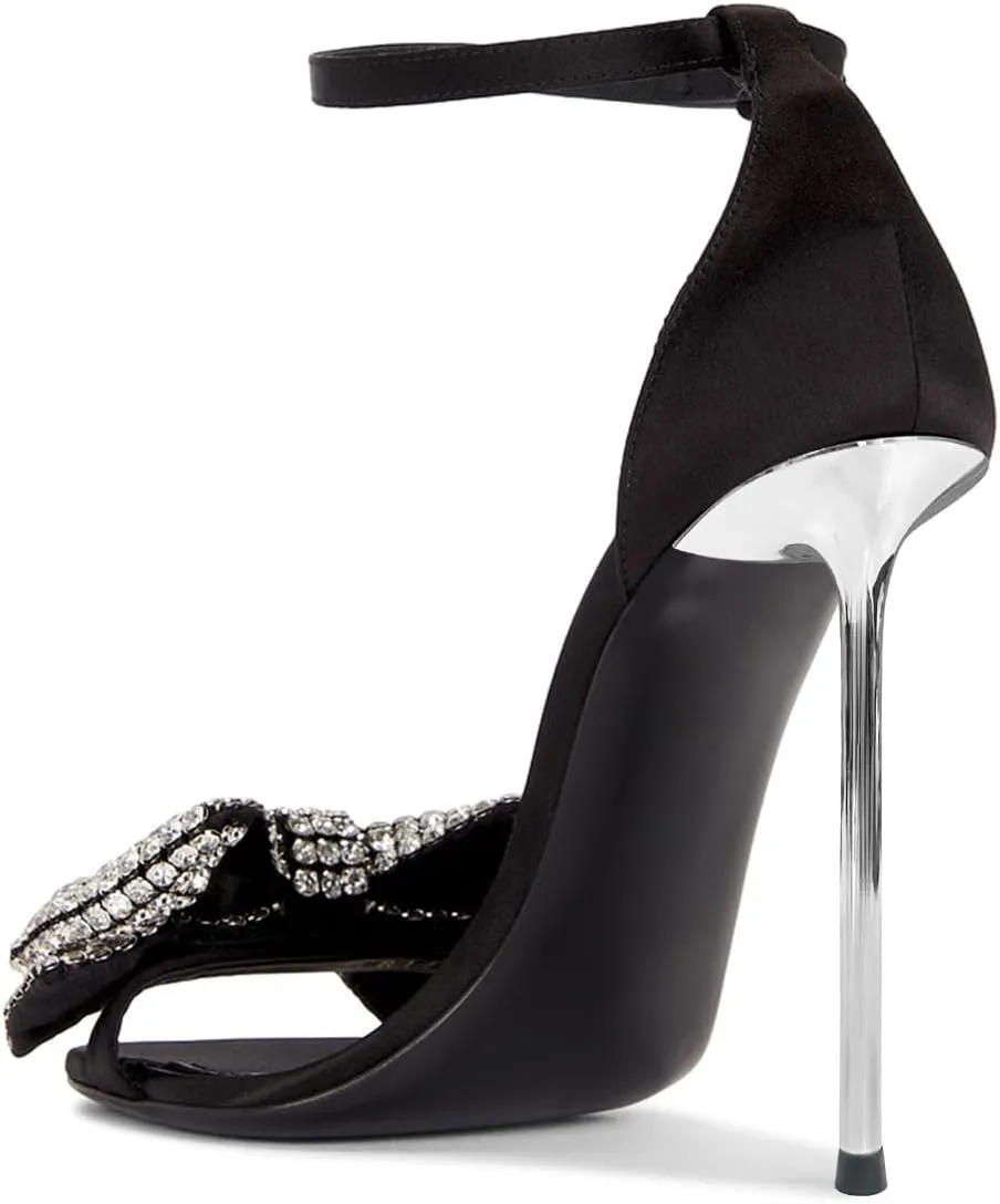 FSJ Women Crystal Bow Sandals Open Toe Stiletto Satin Slim Adjustable Ankle Strap High Heel Evening Casual Luxury Shoes Size 4-16 US
