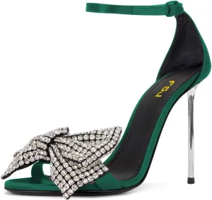 FSJ Women Crystal Bow Sandals Open Toe Stiletto Satin Slim Adjustable Ankle Strap High Heel Evening Casual Luxury Shoes Size 4-16 US