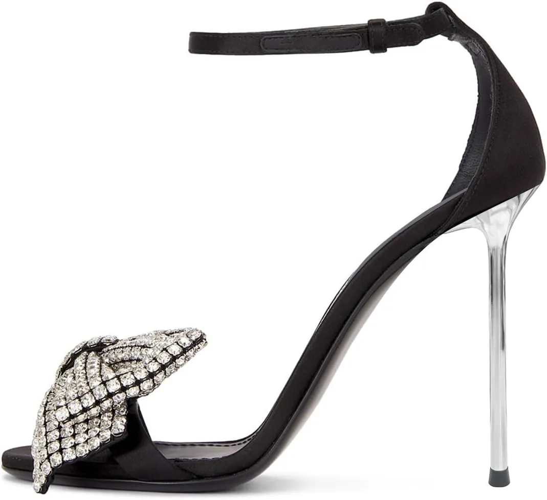 FSJ Women Crystal Bow Sandals Open Toe Stiletto Satin Slim Adjustable Ankle Strap High Heel Evening Casual Luxury Shoes Size 4-16 US