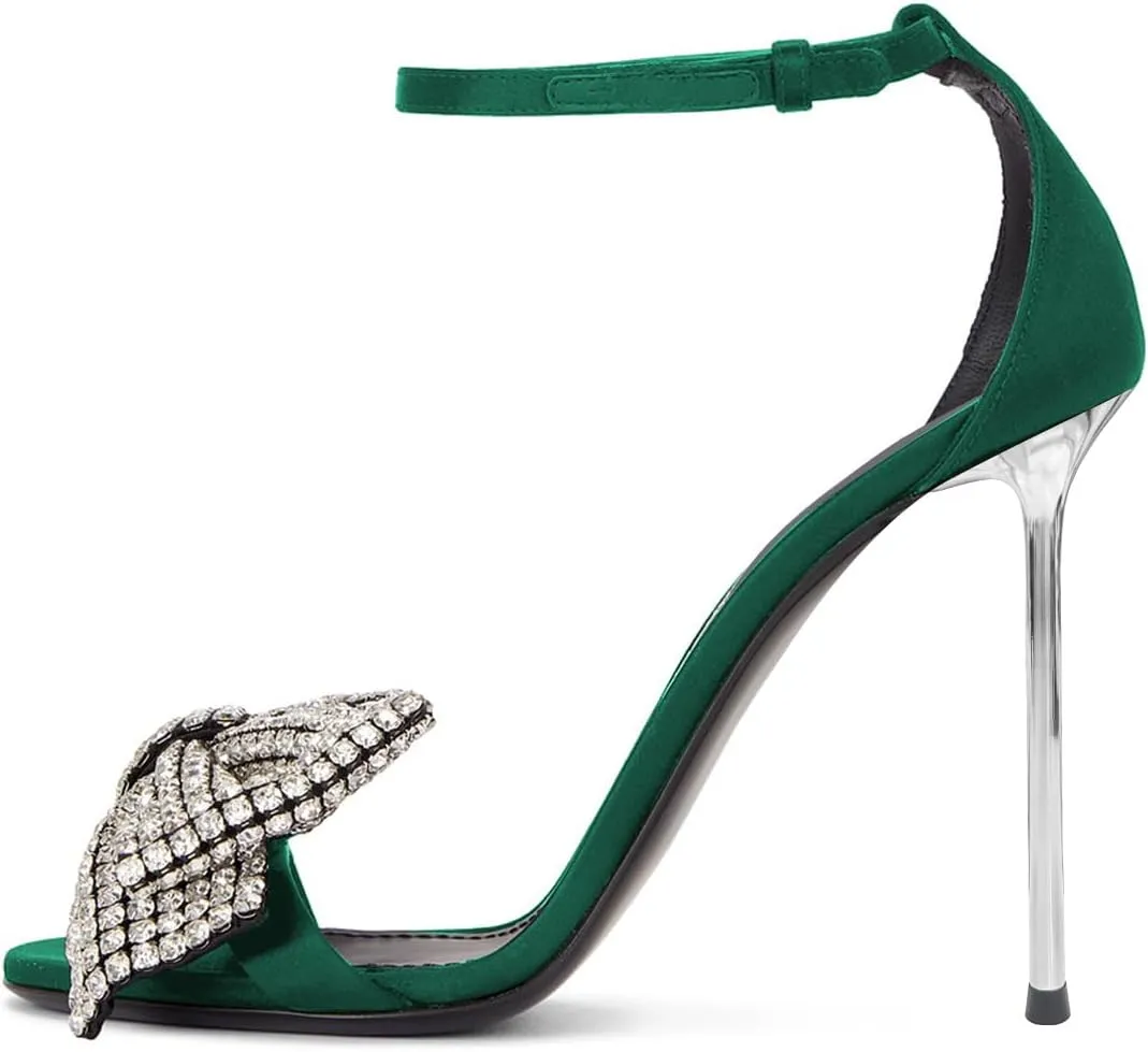 FSJ Women Crystal Bow Sandals Open Toe Stiletto Satin Slim Adjustable Ankle Strap High Heel Evening Casual Luxury Shoes Size 4-16 US