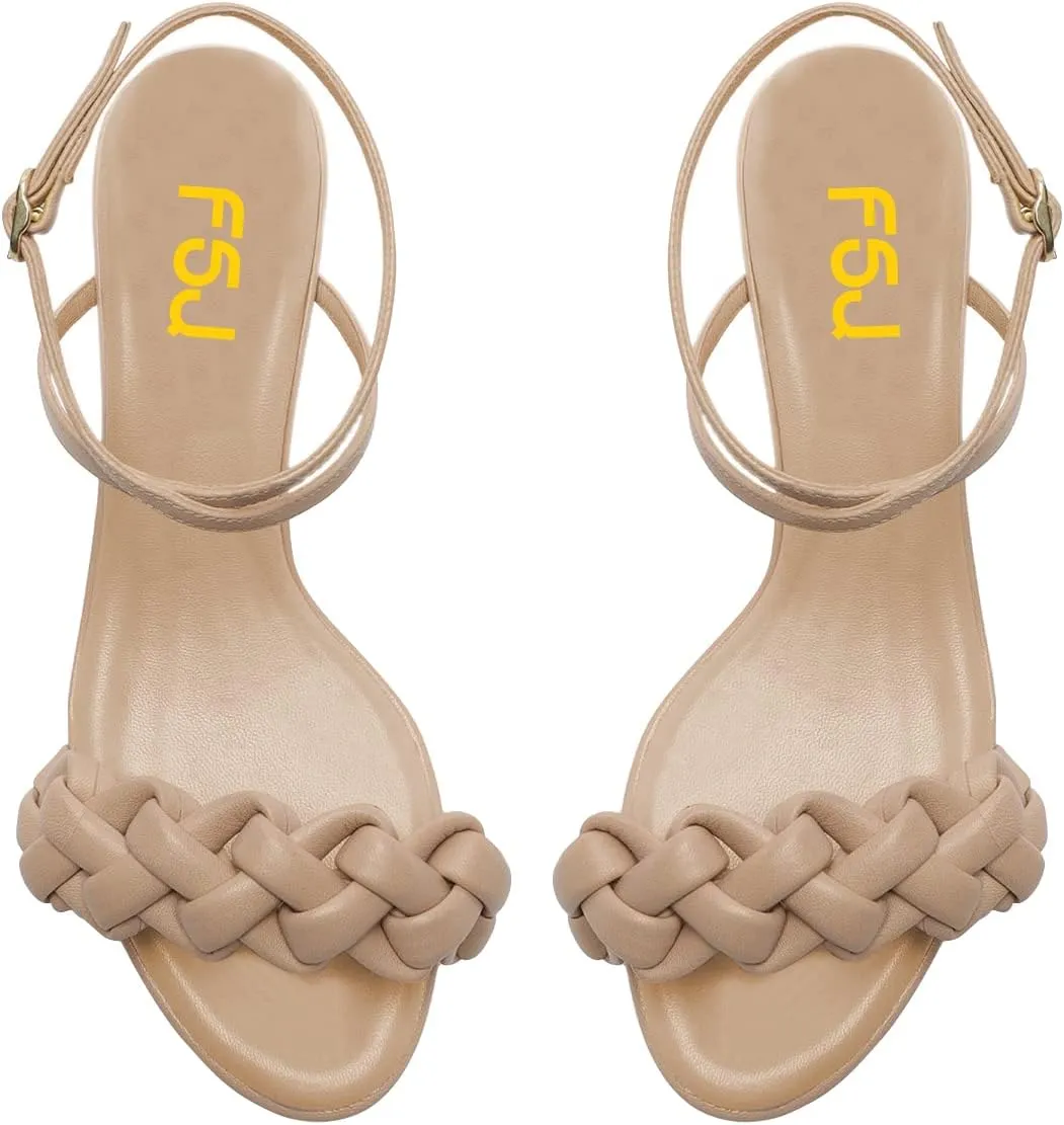 FSJ Women Cute Open Toe Braided Strap Kitten Low Heels Sandals Cross Ankle Strap Comfortable Thick Sole Party Dance Dress Shoes Size 4-15 US