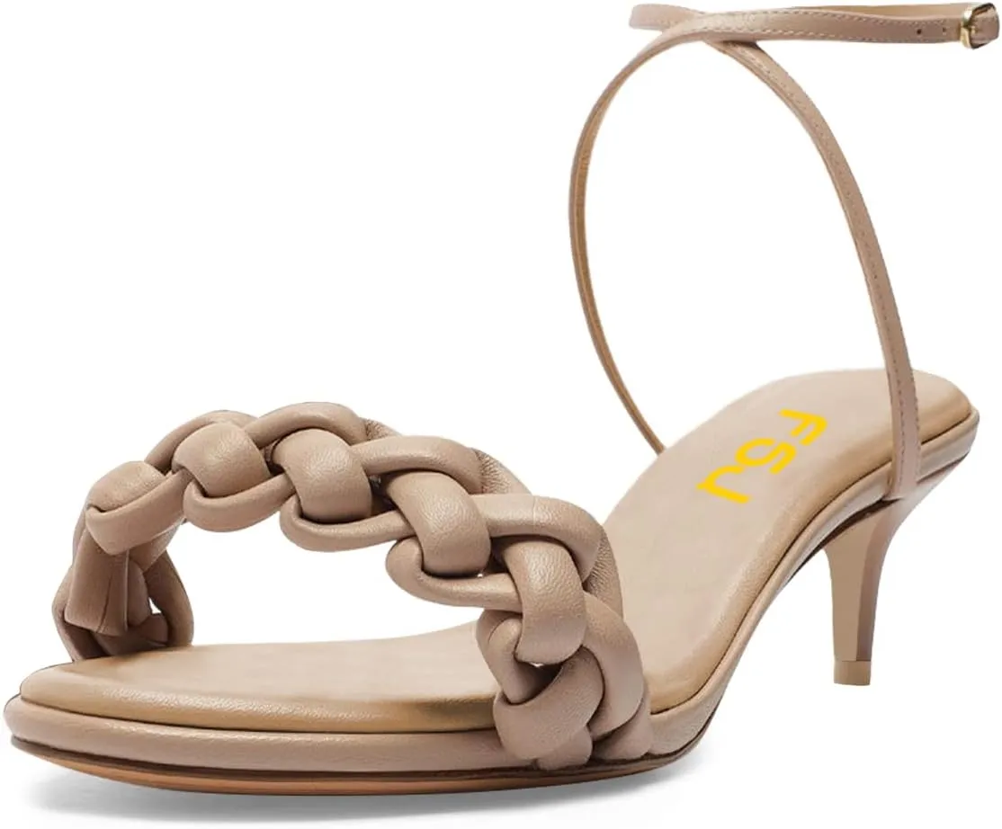 FSJ Women Cute Open Toe Braided Strap Kitten Low Heels Sandals Cross Ankle Strap Comfortable Thick Sole Party Dance Dress Shoes Size 4-15 US