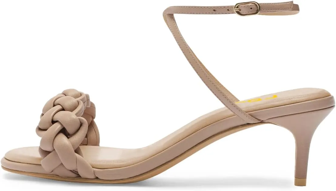 FSJ Women Cute Open Toe Braided Strap Kitten Low Heels Sandals Cross Ankle Strap Comfortable Thick Sole Party Dance Dress Shoes Size 4-15 US