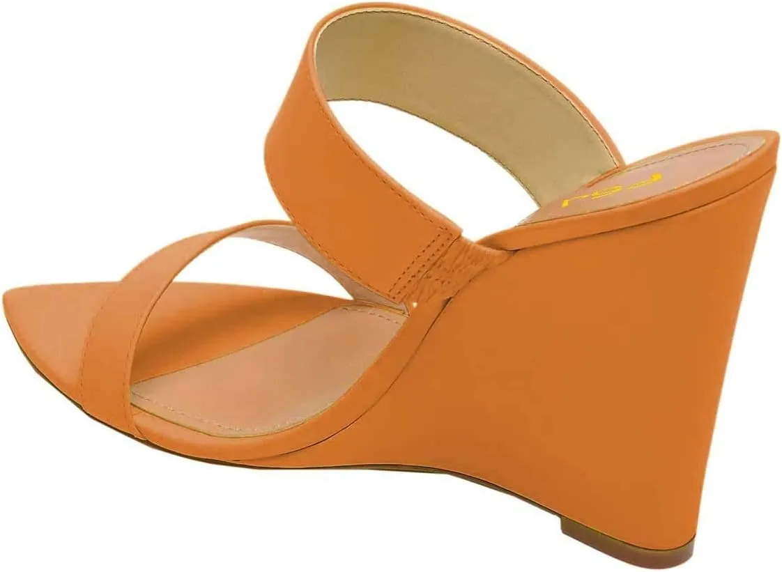 FSJ Women Fashion Open Toe Wedge Sandals High Heels Mules Double Straps Slip On Shoes Size 4-15 US