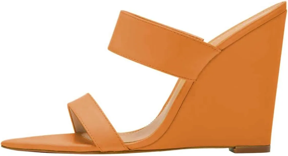 FSJ Women Fashion Open Toe Wedge Sandals High Heels Mules Double Straps Slip On Shoes Size 4-15 US