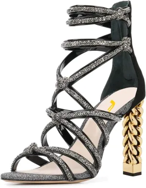FSJ Women High Heels Strappy Ankle Straps Sandals Open Toe Back Zip Rhinestones Glitter Pumps Gold Chain Strappy Shoes Size 4-15 US