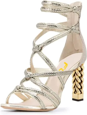 FSJ Women High Heels Strappy Ankle Straps Sandals Open Toe Back Zip Rhinestones Glitter Pumps Gold Chain Strappy Shoes Size 4-15 US