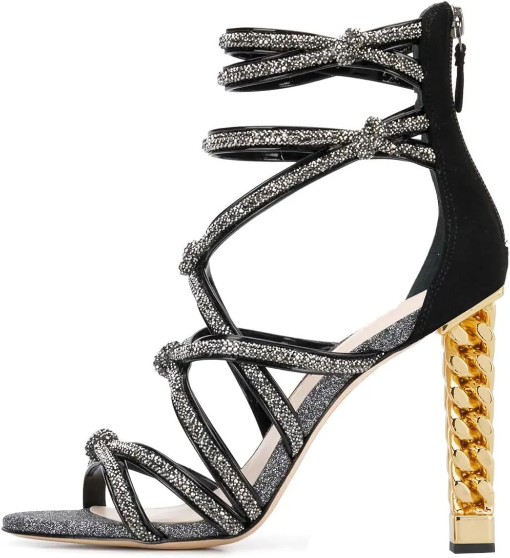 FSJ Women High Heels Strappy Ankle Straps Sandals Open Toe Back Zip Rhinestones Glitter Pumps Gold Chain Strappy Shoes Size 4-15 US