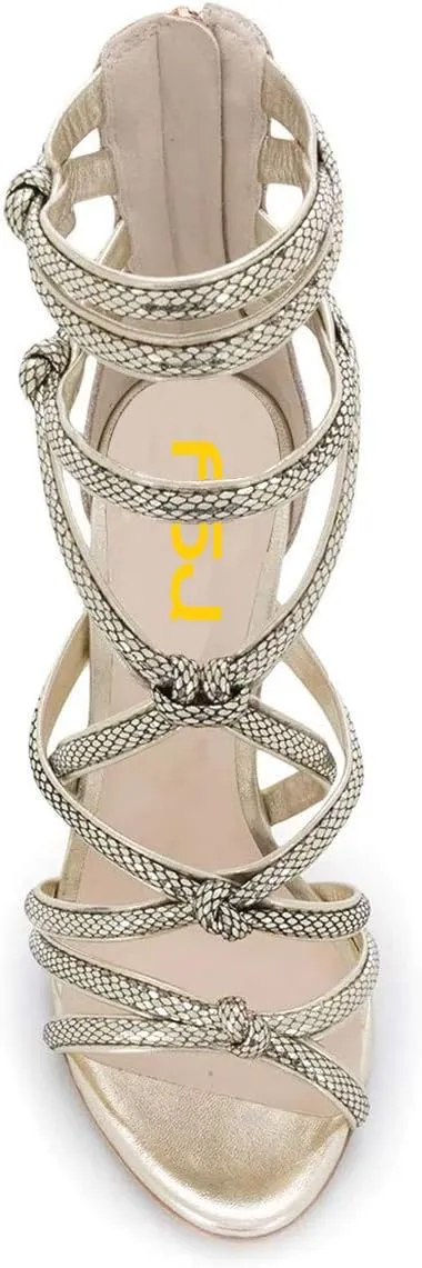 FSJ Women High Heels Strappy Ankle Straps Sandals Open Toe Back Zip Rhinestones Glitter Pumps Gold Chain Strappy Shoes Size 4-15 US