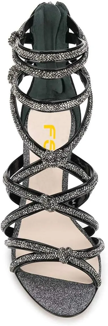 FSJ Women High Heels Strappy Ankle Straps Sandals Open Toe Back Zip Rhinestones Glitter Pumps Gold Chain Strappy Shoes Size 4-15 US