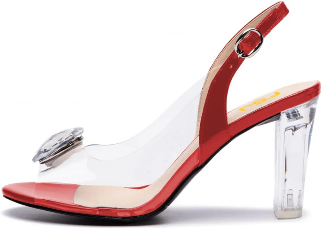 FSJ Women Sexy Clear Heeled Sandals Crystal Rhinestones Slingback Peep Toe Block Chunky High Heel Slip On Party Wedding Dress Shoes Size 4-15 US