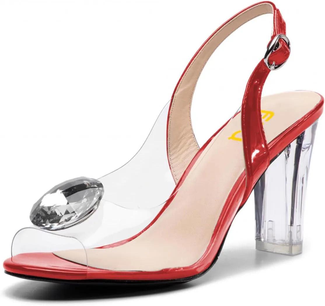 FSJ Women Sexy Clear Heeled Sandals Crystal Rhinestones Slingback Peep Toe Block Chunky High Heel Slip On Party Wedding Dress Shoes Size 4-15 US