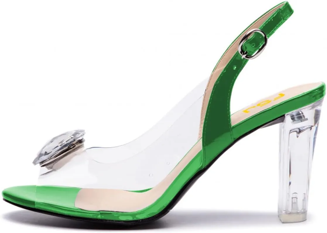 FSJ Women Sexy Clear Heeled Sandals Crystal Rhinestones Slingback Peep Toe Block Chunky High Heel Slip On Party Wedding Dress Shoes Size 4-15 US
