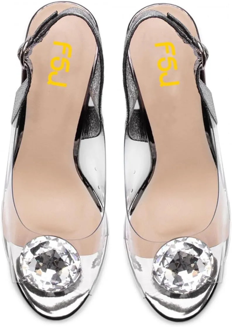 FSJ Women Sexy Clear Heeled Sandals Crystal Rhinestones Slingback Peep Toe Block Chunky High Heel Slip On Party Wedding Dress Shoes Size 4-15 US