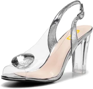 FSJ Women Sexy Clear Heeled Sandals Crystal Rhinestones Slingback Peep Toe Block Chunky High Heel Slip On Party Wedding Dress Shoes Size 4-15 US