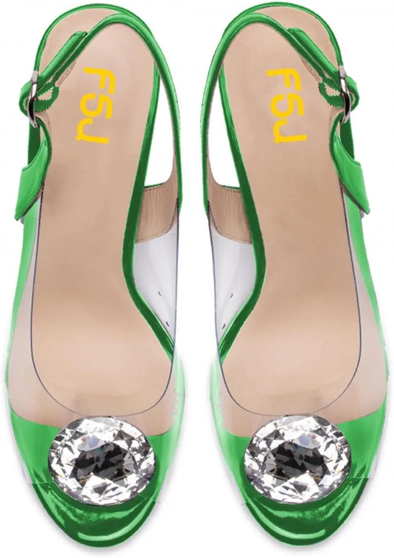 FSJ Women Sexy Clear Heeled Sandals Crystal Rhinestones Slingback Peep Toe Block Chunky High Heel Slip On Party Wedding Dress Shoes Size 4-15 US