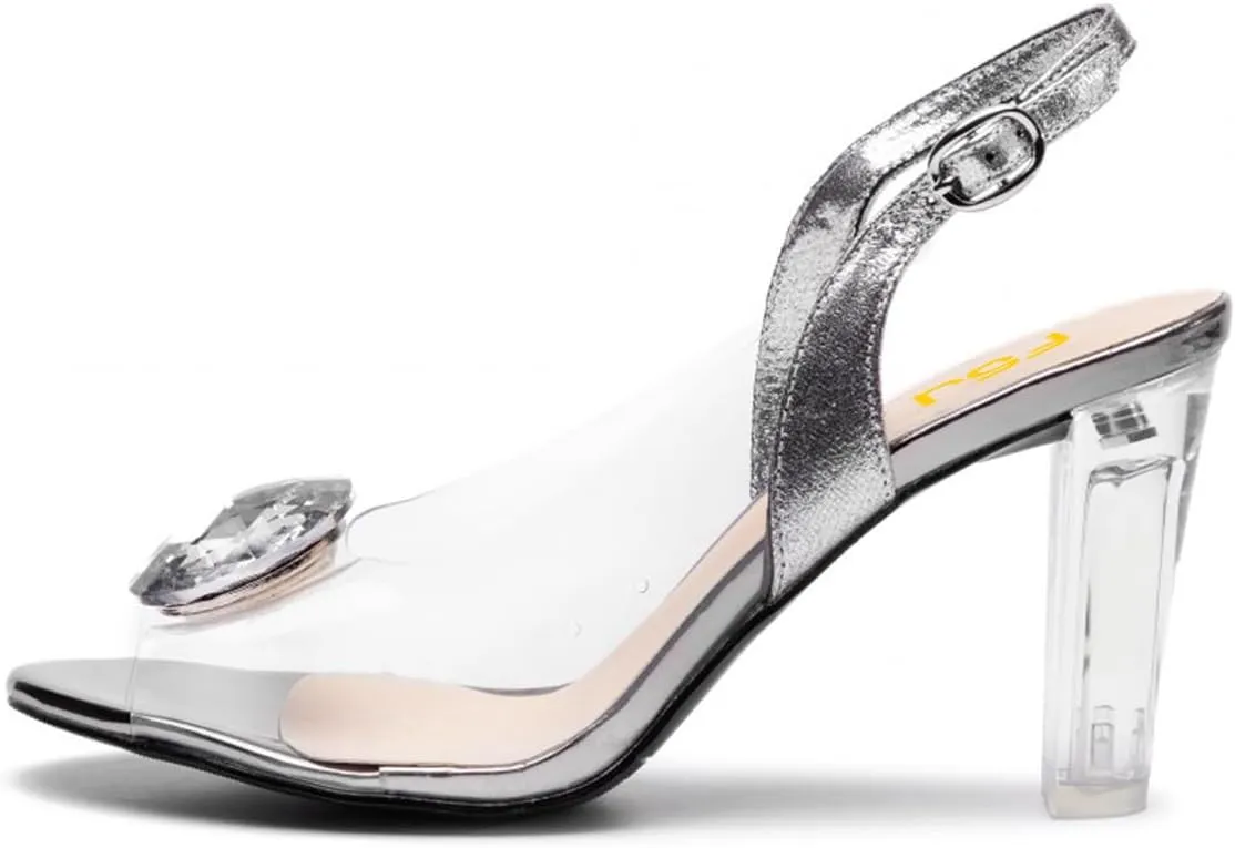 FSJ Women Sexy Clear Heeled Sandals Crystal Rhinestones Slingback Peep Toe Block Chunky High Heel Slip On Party Wedding Dress Shoes Size 4-15 US