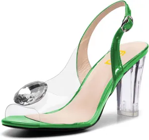 FSJ Women Sexy Clear Heeled Sandals Crystal Rhinestones Slingback Peep Toe Block Chunky High Heel Slip On Party Wedding Dress Shoes Size 4-15 US