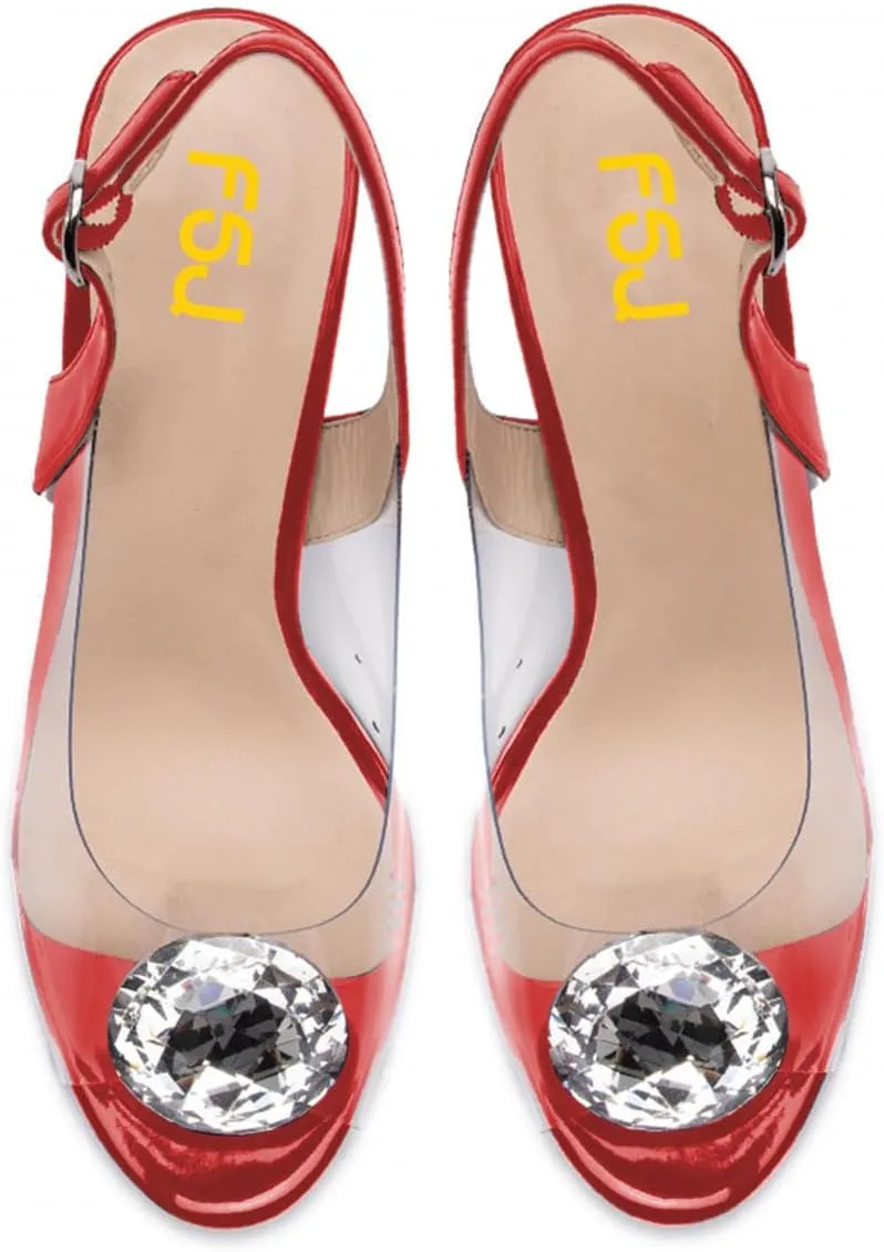 FSJ Women Sexy Clear Heeled Sandals Crystal Rhinestones Slingback Peep Toe Block Chunky High Heel Slip On Party Wedding Dress Shoes Size 4-15 US