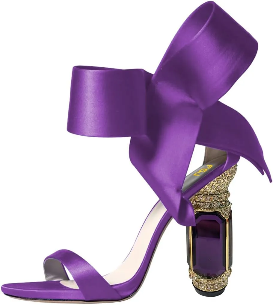 FSJ Women Side Bow Chunky Crystal High Heel Sandals Open Toe Ankle Strap Buckle Thick Heel Cute Wedding Party Prom Dress Shoes Size 4-15 US