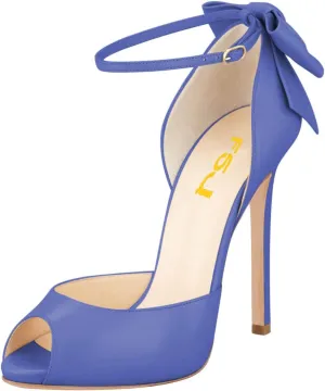 FSJ Women Stiletto High Heels Sandals Peep Toe Pumps Ankle Straps Bows Bridal Dress Party Shoes with Buckle Size 4-15 US