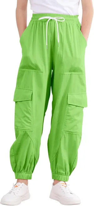 Girls Cargo Pants Baggy Joggers Lightweight Elastic Waist Drawstring with Pockets Casual Travel Hiking Streetwear