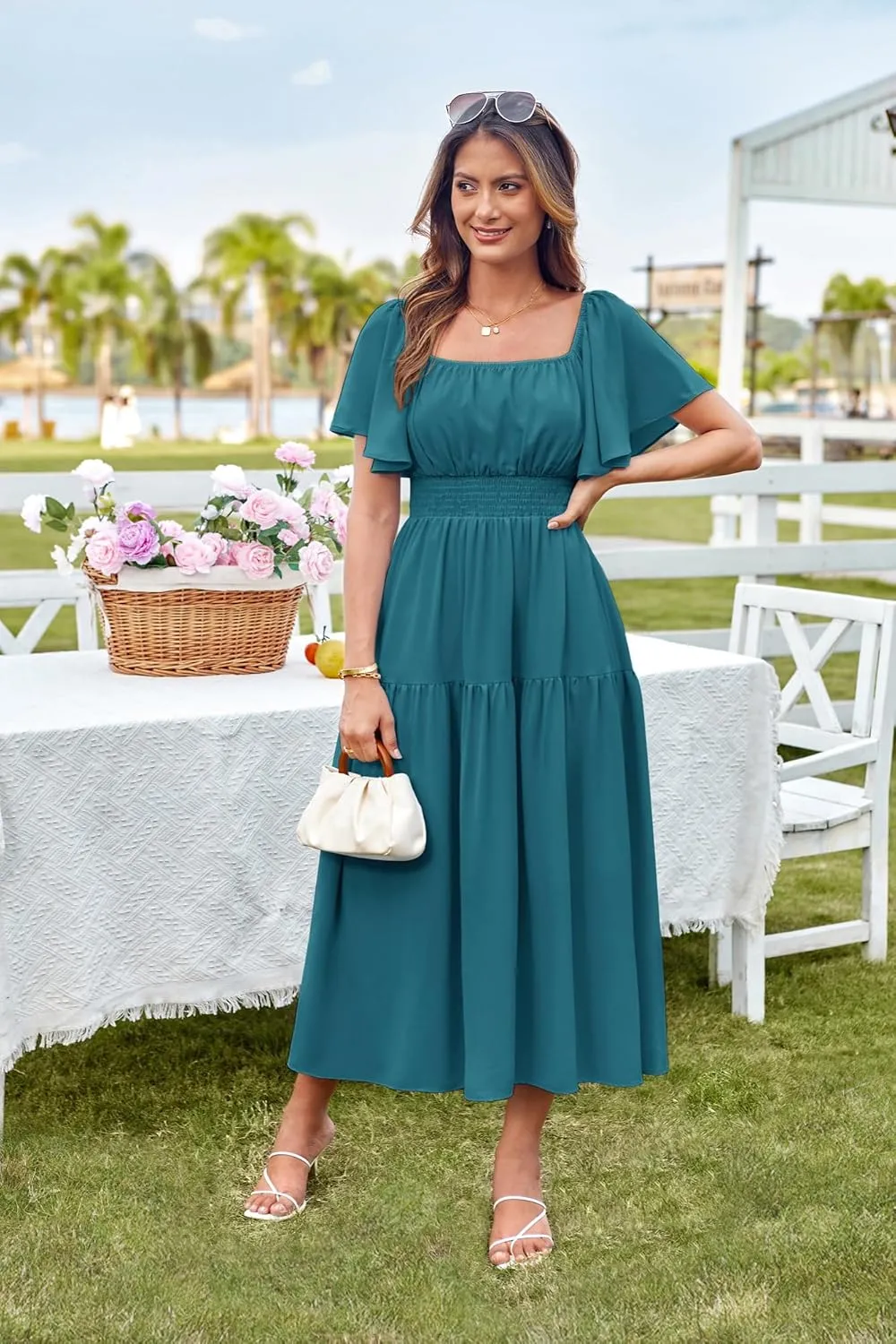 GRACE KARIN Women's Summer Short Sleeve Square Neck Smocked Waist Casual Vacation Tiered Flowy Maxi Dress