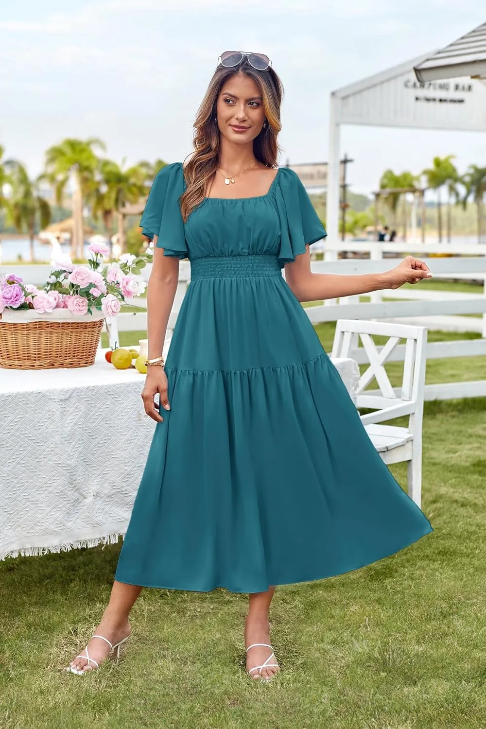 GRACE KARIN Women's Summer Short Sleeve Square Neck Smocked Waist Casual Vacation Tiered Flowy Maxi Dress