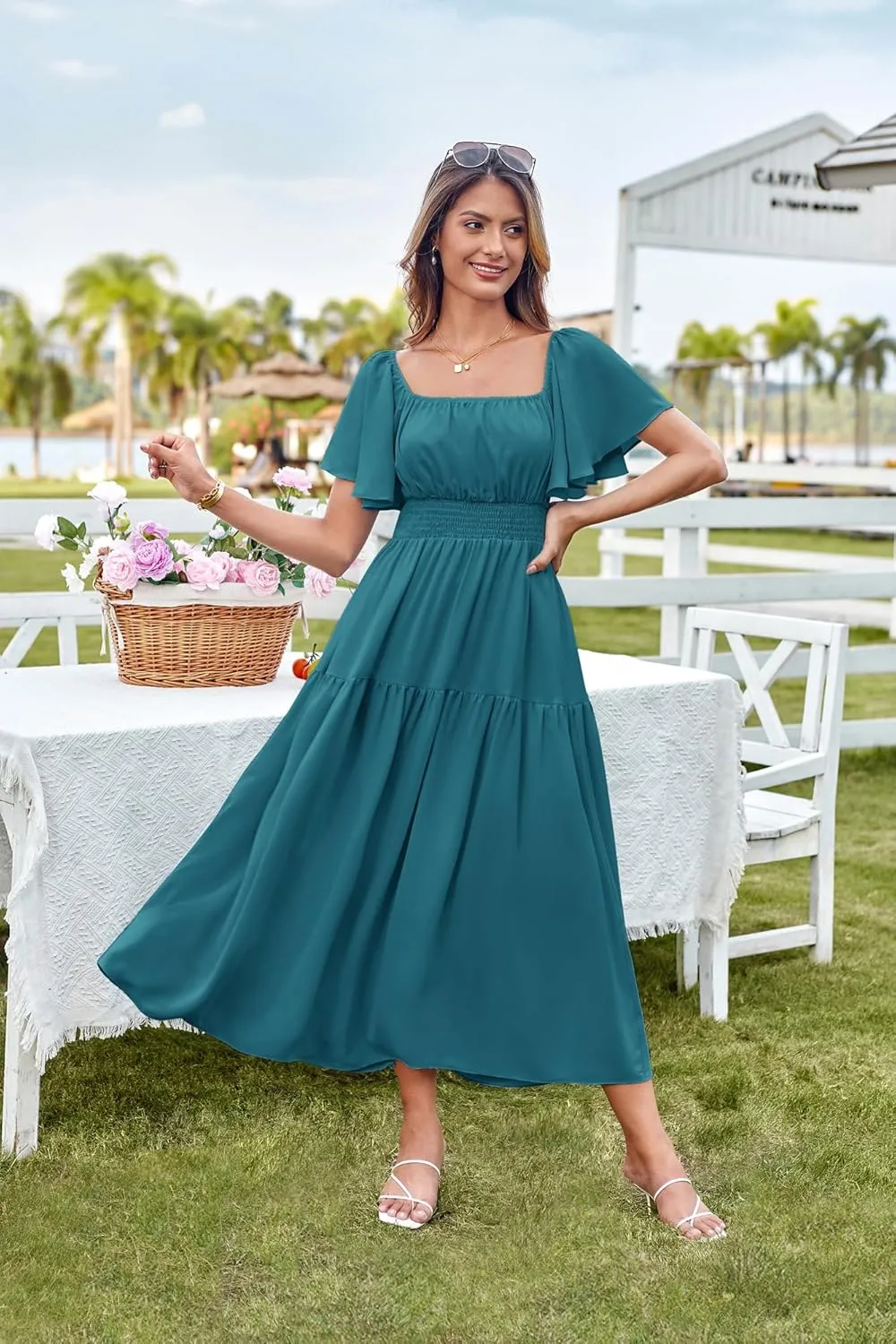 GRACE KARIN Women's Summer Short Sleeve Square Neck Smocked Waist Casual Vacation Tiered Flowy Maxi Dress
