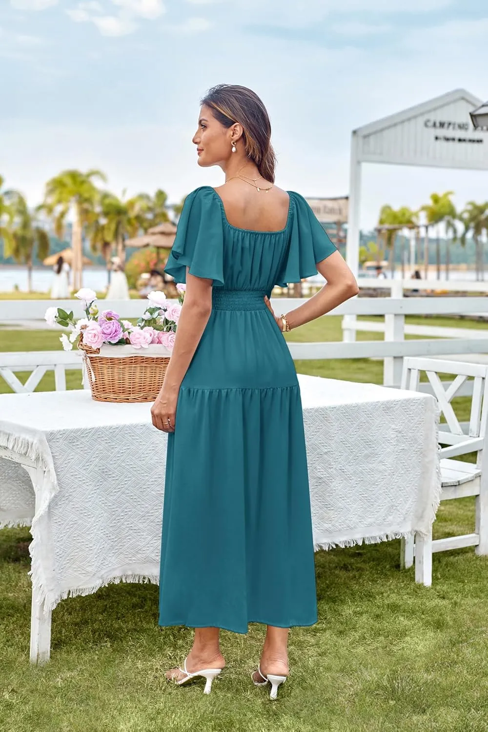GRACE KARIN Women's Summer Short Sleeve Square Neck Smocked Waist Casual Vacation Tiered Flowy Maxi Dress