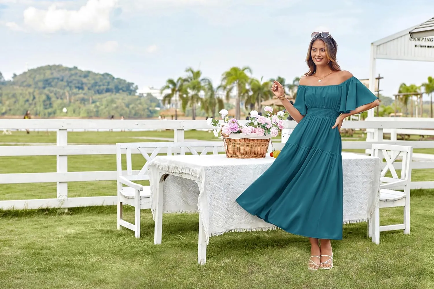 GRACE KARIN Women's Summer Short Sleeve Square Neck Smocked Waist Casual Vacation Tiered Flowy Maxi Dress