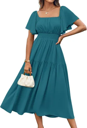GRACE KARIN Women's Summer Short Sleeve Square Neck Smocked Waist Casual Vacation Tiered Flowy Maxi Dress
