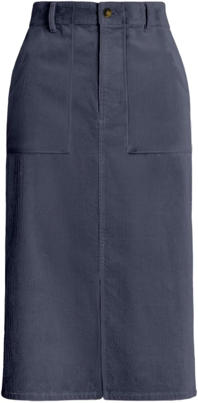 Happy Sailed Skirts for Women High Waist Split A Line Corduroy Skirt Casual Midi Skirts with Pockets