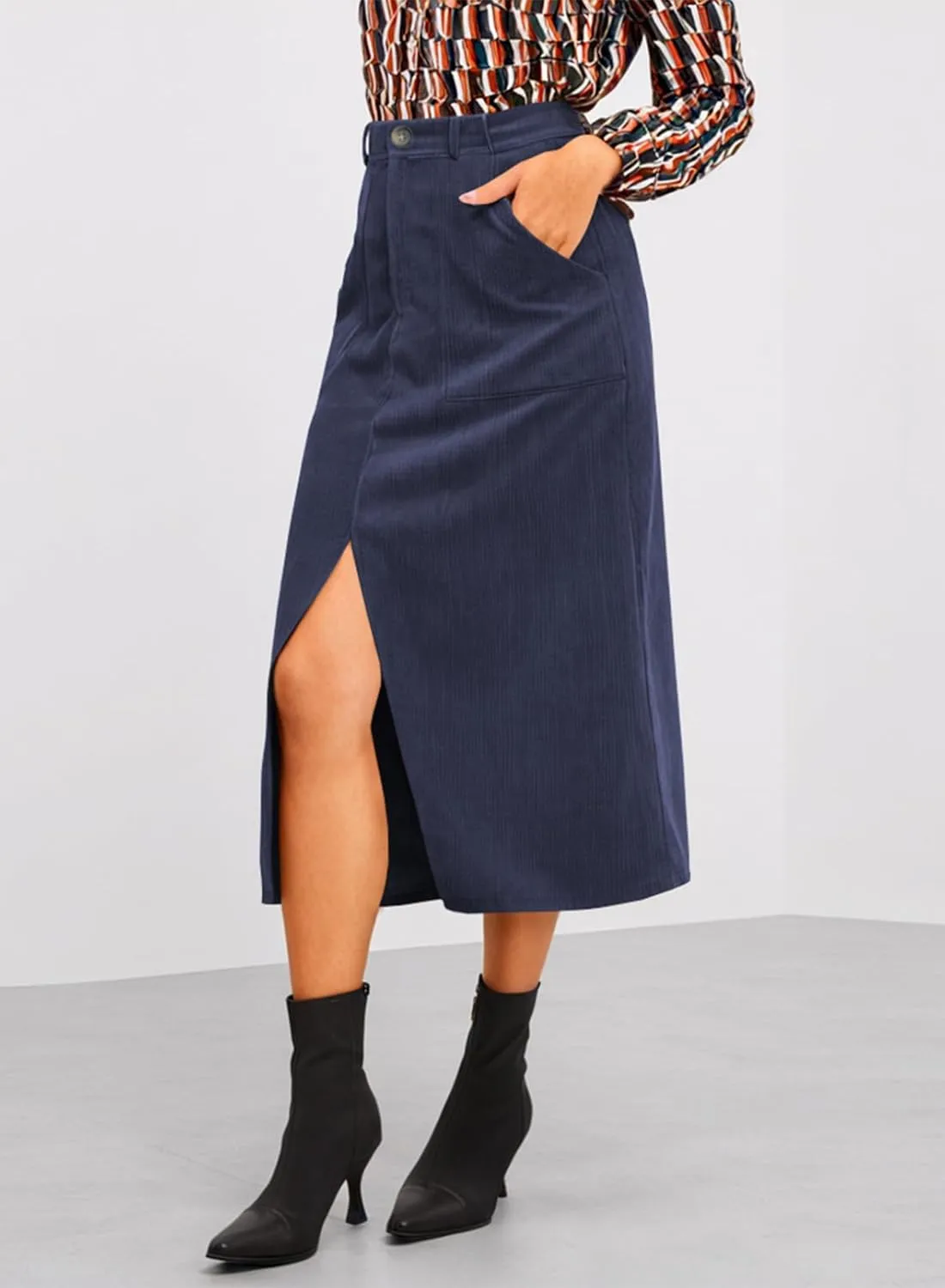 Happy Sailed Skirts for Women High Waist Split A Line Corduroy Skirt Casual Midi Skirts with Pockets