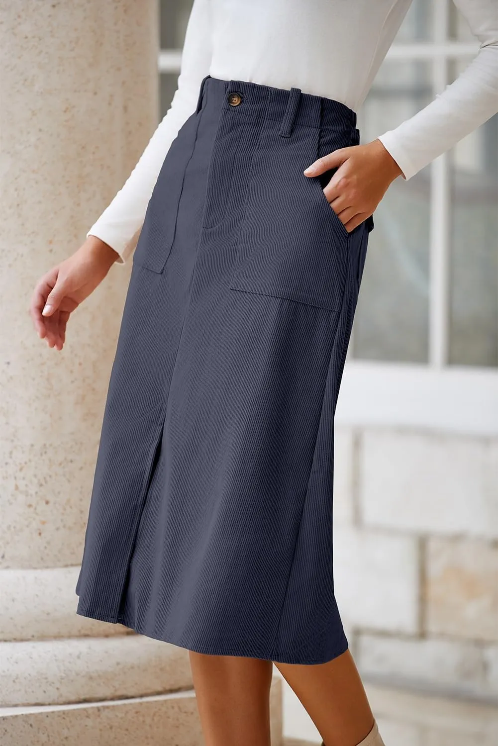 Happy Sailed Skirts for Women High Waist Split A Line Corduroy Skirt Casual Midi Skirts with Pockets