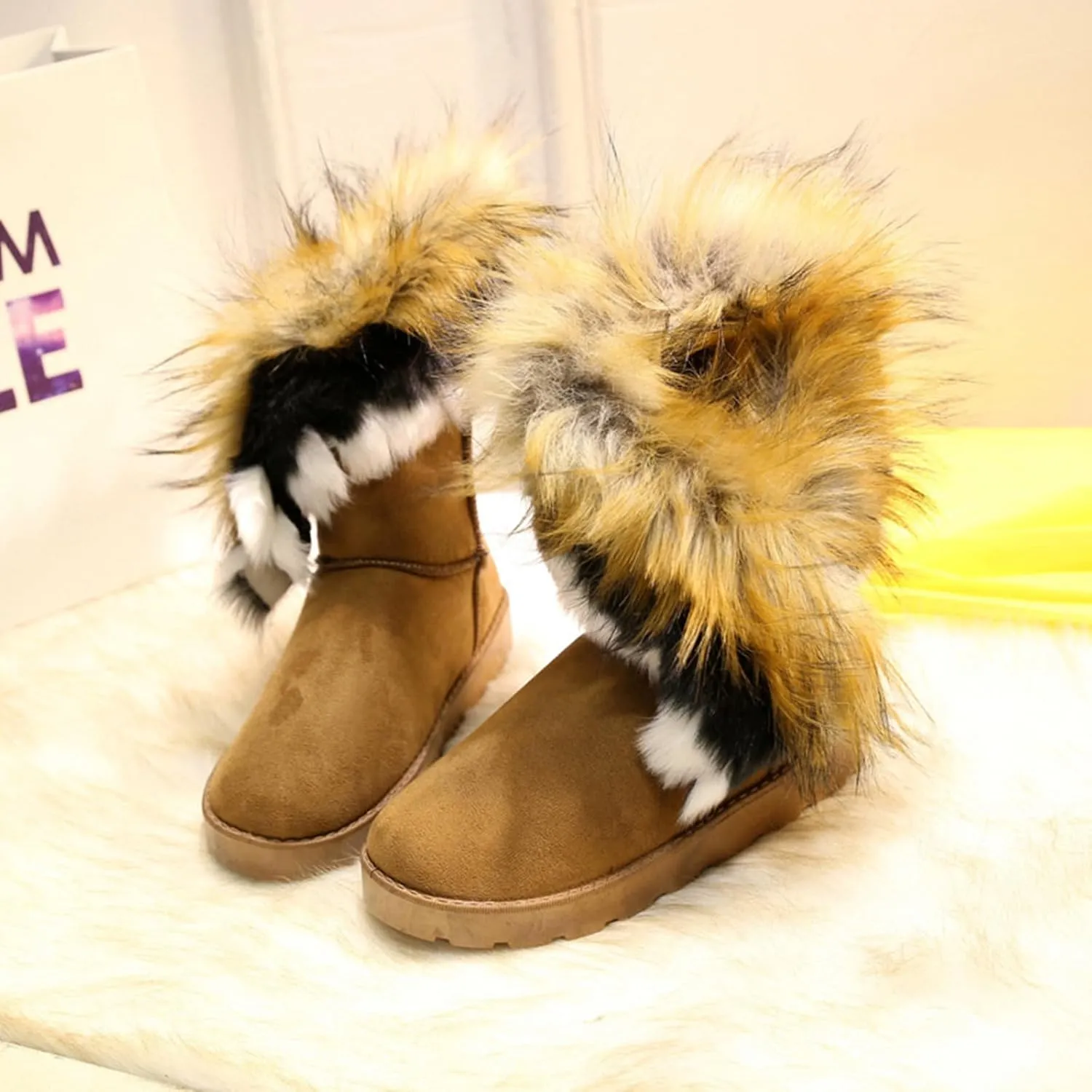 HINDOLA Warm Fur Boots for Women Winter Faux Fur Tassel Shoes Plush Snow Boots Ankle Booties Faux Suede Boots Anti Slip Outdoor Indoor Flat Shoes
