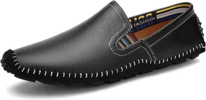 HOOENG Smoking Loafer Driving Moccasins for Men Stitching Details Genuine Leather Elastic Side Flexible Comfortable Flat Heel Resistant Soft Walking Slip on (Color : Black, Size : 7)