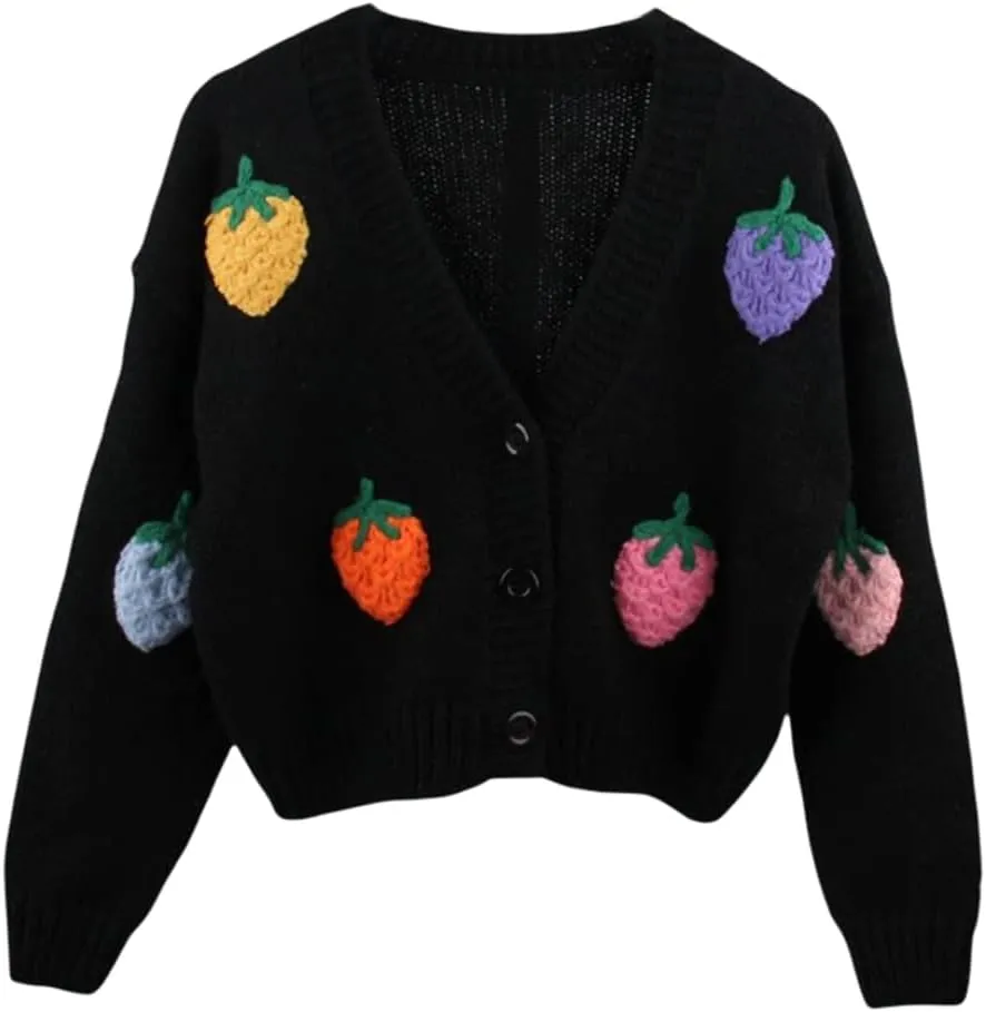 HOULENGS Women's Strawberry Print Button Down Long Sleeve V Neck Crop Cardigan Sweater
