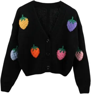 HOULENGS Women's Strawberry Print Button Down Long Sleeve V Neck Crop Cardigan Sweater
